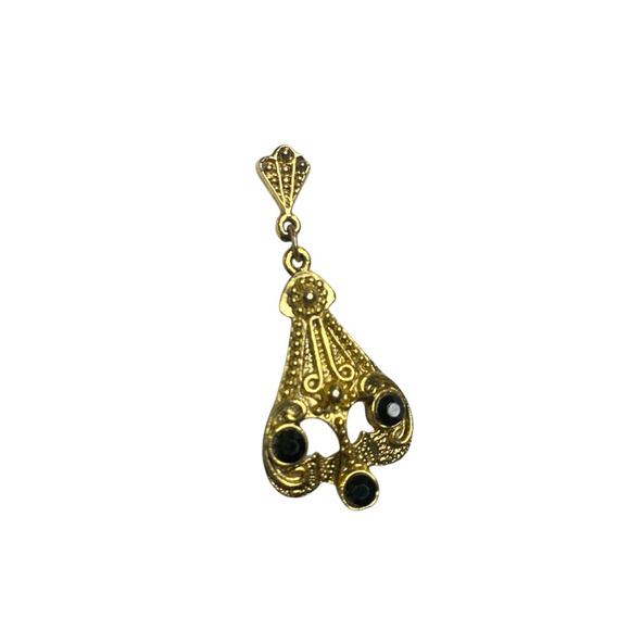 Goldtone Black Post Pierced Earrings Art Deco Style 2 Inch Drop - Picture 3 of 5